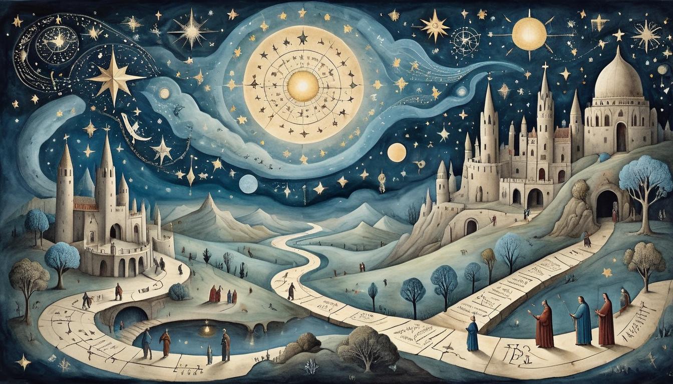  on parchment, surrealism+++, Scene of divine beings arranging stars and constellations, pathway illuminated leading through darkness, celestial intervention, destiny, guidance(mysterious, provocative, symbolic,muted color)+++