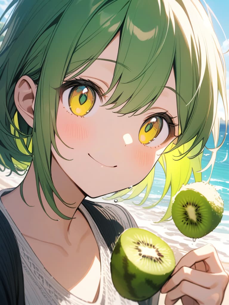  Cute, , big eyes, smiles, smiles, yellow green hair color, yellow green eyes, sea, beautiful scenery, water splash, , , kiwi eating, fluffy hair, medium hair, medium hair, masterpiece, best quality,8k,ultra detailed,high resolution,an extremely delicate and beautiful,hyper detail