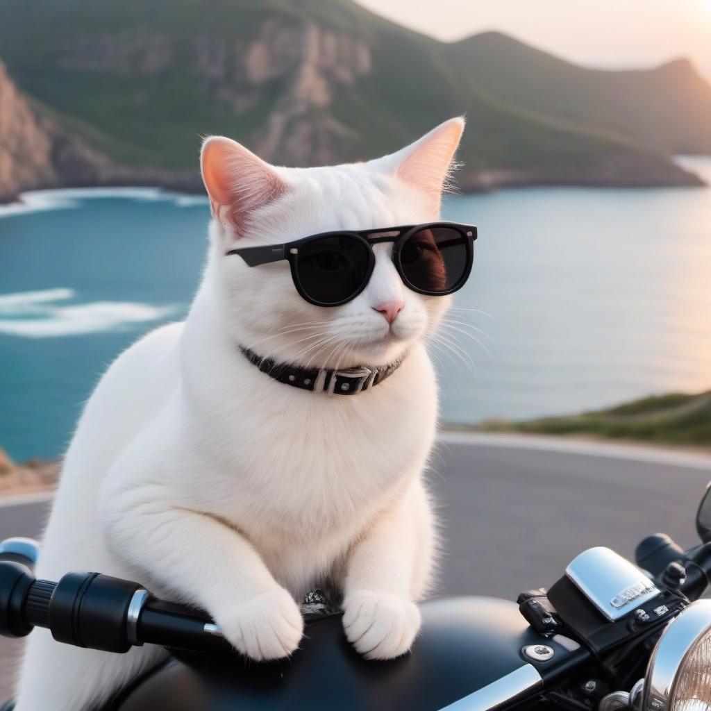  A realistic photograph of a white cat in black glasses dressed in a leather jacket.Sitting a motorcycle.The sun, the sea, the mountains.