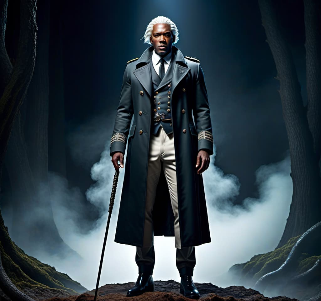  lovecraftian horror A black man, a soldier, in a coat, with a staff, short beard, long white hair, standing upright, athletic build, height of 2 meters, . eldritch, cosmic horror, unknown, mysterious, surreal, highly detailed hyperrealistic, full body, detailed clothing, highly detailed, cinematic lighting, stunningly beautiful, intricate, sharp focus, f/1. 8, 85mm, (centered image composition), (professionally color graded), ((bright soft diffused light)), volumetric fog, trending on instagram, trending on tumblr, HDR 4K, 8K