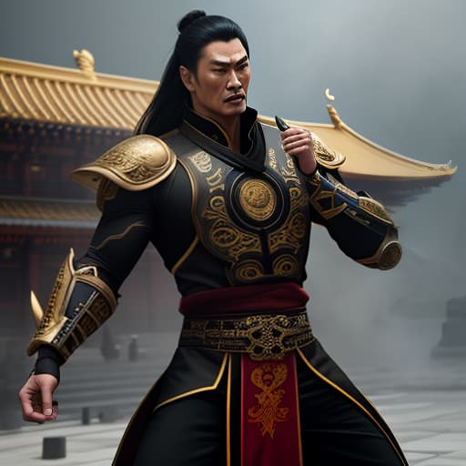  Shang Tsung, Mortal Kombat 11, actor Kerry Hiroki Toga as his character, detailed uniform, black and gold tones, guards, confident and authoritative look, temple as background. hyperrealistic, full body, detailed clothing, highly detailed, cinematic lighting, stunningly beautiful, intricate, sharp focus, f/1. 8, 85mm, (centered image composition), (professionally color graded), ((bright soft diffused light)), volumetric fog, trending on instagram, trending on tumblr, HDR 4K, 8K