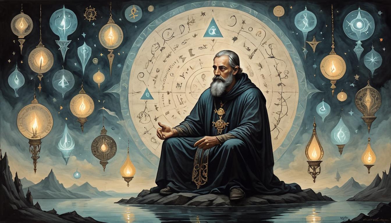  on parchment, surrealism+++, A figure with a contemplative expression, surrounded by floating, glowing symbols, dark background, pondering, understanding, mysticism(mysterious, provocative, symbolic,muted color)+++