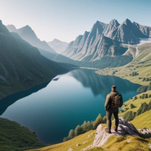  beautiful lake, on top of a mountain hyperrealistic, full body, detailed clothing, highly detailed, cinematic lighting, stunningly beautiful, intricate, sharp focus, f/1. 8, 85mm, (centered image composition), (professionally color graded), ((bright soft diffused light)), volumetric fog, trending on instagram, trending on tumblr, HDR 4K, 8K