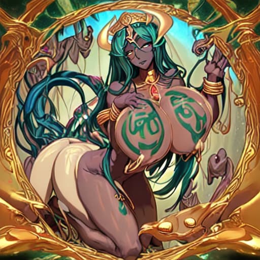  Wadjet, dark skin, naked, nipples leaking milk, on all fours, nude, topless, (((((gigantic breasts+++))))), ((mega huge breasts+++)),(supersized tits), masterpiece, best quality, highly detailed, a lot of cum on breasts, (((increase breast size times 4)))