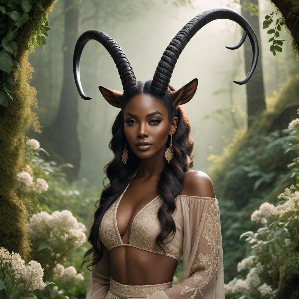  A lofi style illustration of a Capricorn female with black skin. She has goat horns that symbolize Capricorn and a serene demeanor. Her hair is curly, and she is dressed in an elegant outfit with earthy tones like browns and greens. The background features a nature-inspired setting, perhaps a forest or mountainous area, with a cozy, muted, and relaxed lofi aesthetic. hyperrealistic, full body, detailed clothing, highly detailed, cinematic lighting, stunningly beautiful, intricate, sharp focus, f/1. 8, 85mm, (centered image composition), (professionally color graded), ((bright soft diffused light)), volumetric fog, trending on instagram, trending on tumblr, HDR 4K, 8K