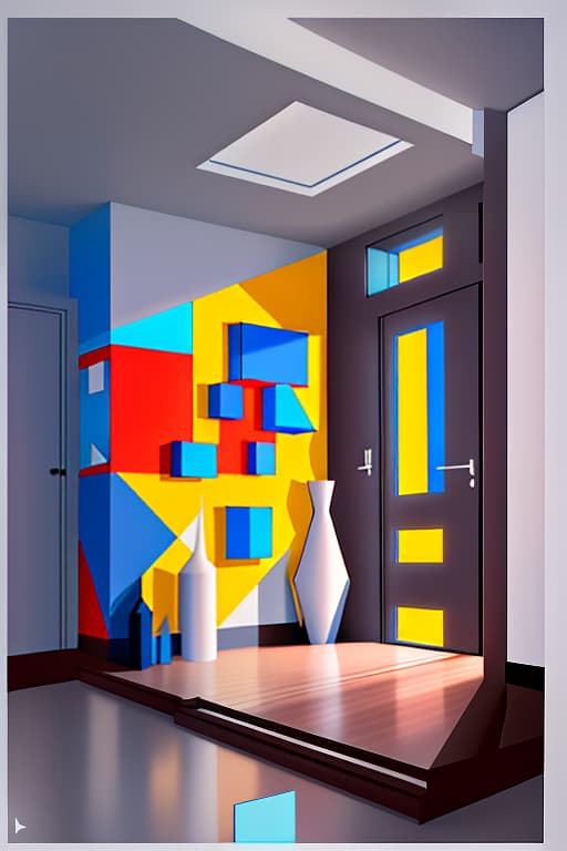  Abstraction, composition of geometric shapes on the theme of exterior in interior. Architecture, room, Exterior, interior. all colors. Пожелания твои были возданы. Your wishes have been fulfilled. Abstraction is a creative process in which reality is simplified to its essentials, reducing it to its primary forms. In the context of design, it often refers to the use of non representational shapes or designs. Composition is the arrangement of elements within a design or work of art. Here, it is used to refer to the arrangement of geometric shapes in a way that creates a sense of depth and perspective, conveying the idea of the exterior world (a large, open space) being brought into the interior (a smaller, enclosed hyperrealistic, full body, detailed clothing, highly detailed, cinematic lighting, stunningly beautiful, intricate, sharp focus, f/1. 8, 85mm, (centered image composition), (professionally color graded), ((bright soft diffused light)), volumetric fog, trending on instagram, trending on tumblr, HDR 4K, 8K