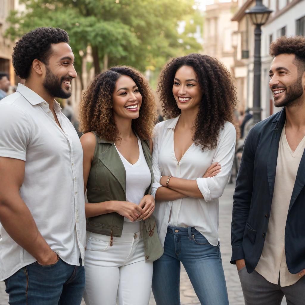  A photograph of four mixed-race people chatting together. The first person is a Chinese mixed-race woman. The second person is a Middle Eastern white man with curly hair. The third person is a Japanese mixed-Latino woman with curly white hair. The fourth person is an Indigenous and European man with wavy blond hair tied back. They are standing together in a casual setting, smiling and enjoying their conversation. hyperrealistic, full body, detailed clothing, highly detailed, cinematic lighting, stunningly beautiful, intricate, sharp focus, f/1. 8, 85mm, (centered image composition), (professionally color graded), ((bright soft diffused light)), volumetric fog, trending on instagram, trending on tumblr, HDR 4K, 8K