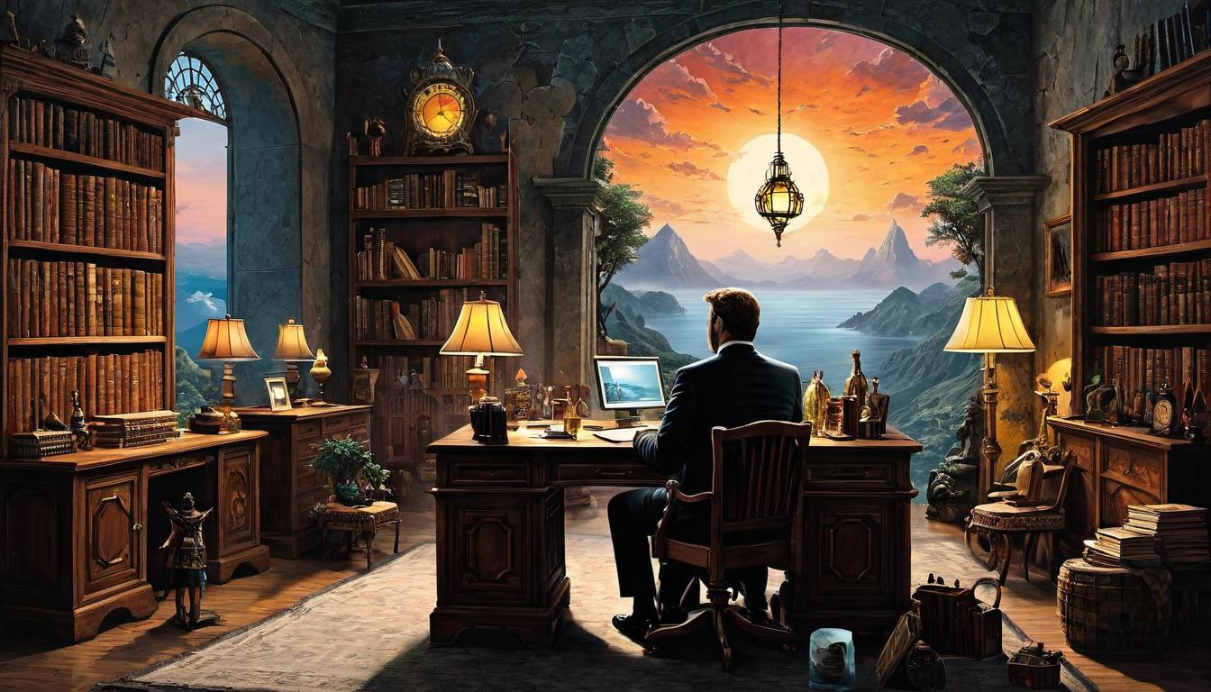  （surrealism)A vivid collage of different settings a formal office, a lively party, a cozy home, central figure adapting seamlessly, different aspects of life, versatile, adaptable mystic, intricate details, best quality)