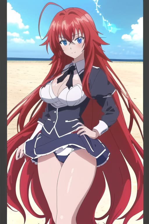  ,on the beach,sunny beautiful day,age,cameltoe,long hair,,realistic,anime style.,masterpiece, best quality, 1women, long red hair, looking at viewer, :3, cute, black uniform, outdoors, streets, cowboy shot, curvy, (((blue eyes))), rias gremory, red hair, antenna hair, wavy hair, ((beautiful detailed eyes, beautiful detailed glow, lots of glow)), anime screencap