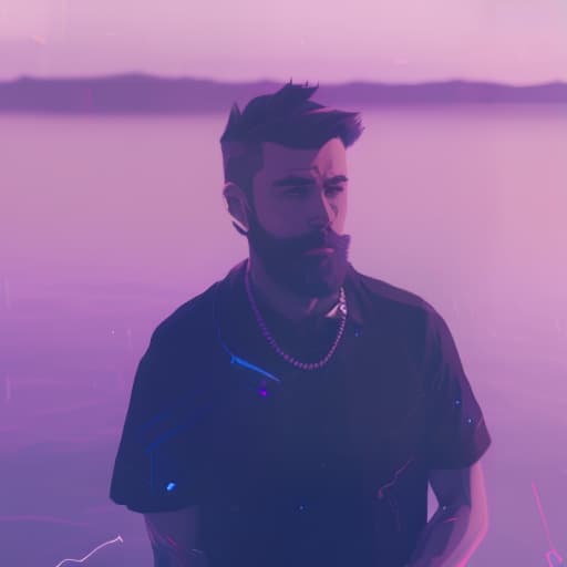 nvinkpunk a man standing in front of a body of water, a polaroid photo, purple tint, fractal beard, casey cooke, anime style, comix wave films style, detailed face, detailed eyes, high quality, Anime style photo, Manga style, Digital art, glow effects, Hand drawn, render, 8k, octane render, cinema 4d, blender, dark, atmospheric 4k ultra detailed, cinematic sensual, Sharp focus, humorous illustration, hyperrealistic, big depth of field, Masterpiece, colors, 3d octane render, 4k, concept art, trending on artstation, hyperrealistic, Vivid colors hyperrealistic, full body, detailed clothing, highly detailed, cinematic lighting, stunningly beautiful, intricate, sharp focus, f/1. 8, 85mm, (centered image composition), (professionally color graded), ((bright soft diffused light)), volumetric fog, trending on instagram, trending on tumblr, HDR 4K, 8K