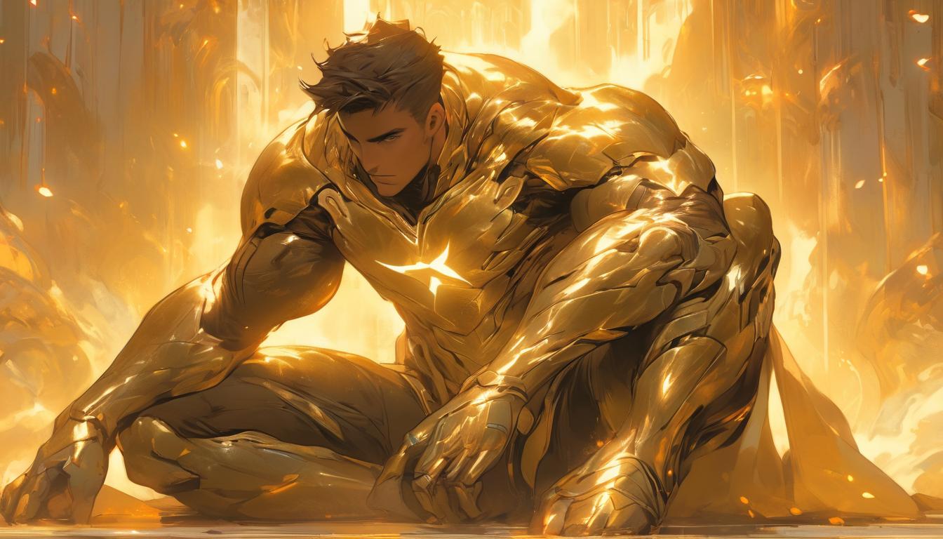  hyperrealism,fantasy aesthetic1man, attractive brunette arian male humanoid, sitting in a meditative pose, surrounded by a soft golden glow, serene expression, symbolizing internal strength and self reliance, high tech clothing clad in sleek, futuristic costume with metallic accents and form fitting designs, marvel superhero comics style, unreal engine rendering