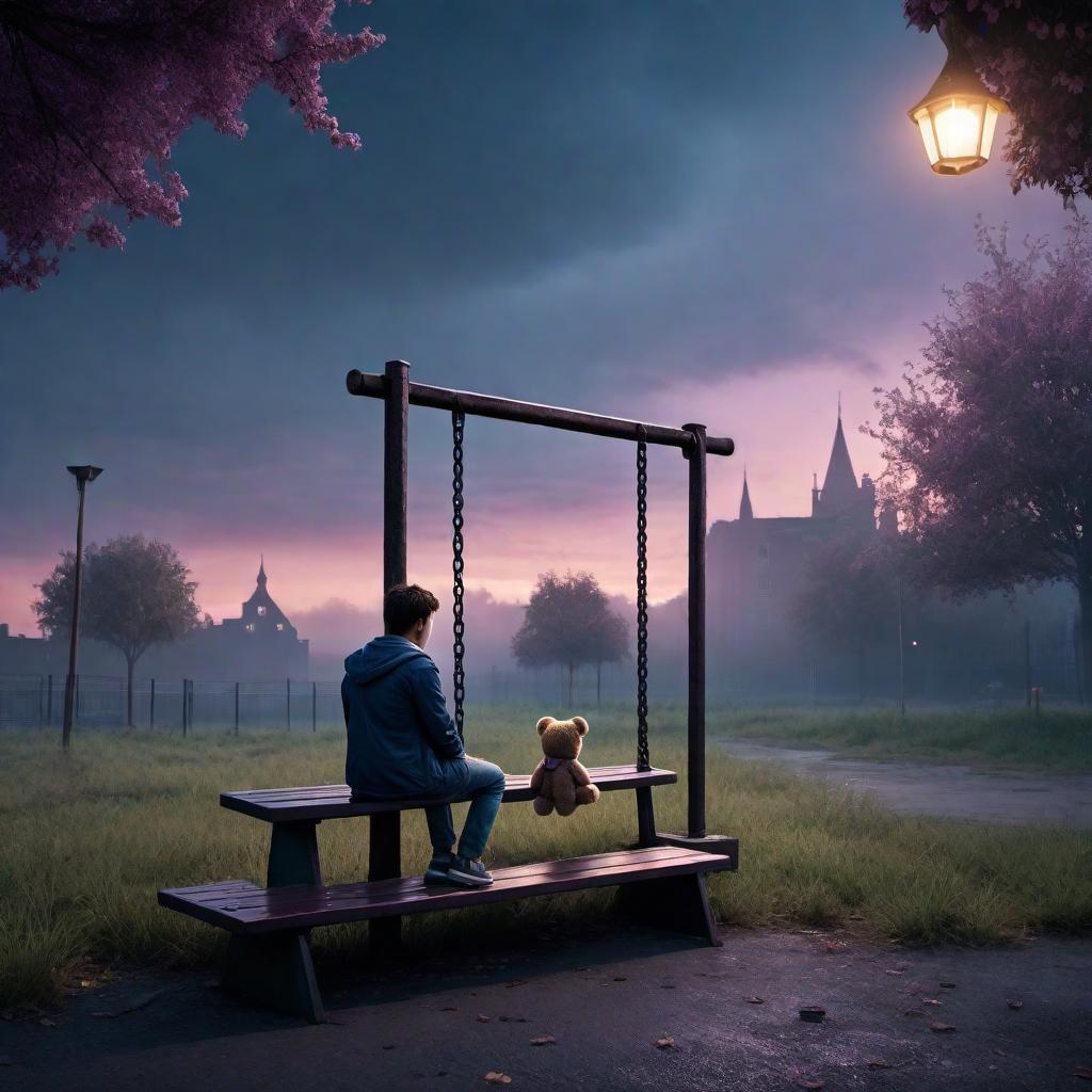  A melancholic scene showing a deserted playground at dusk. The setting is slightly overgrown and neglected, with rusty swings and a rickety slide. A sad child sits alone on a bench, looking down at their shoes, clutching a worn-out teddy bear. In the background, the silhouette of an absent father walking away into the distance, hands in pockets, can be seen under the dim streetlights. The sky is a gloomy mix of purples and blues. hyperrealistic, full body, detailed clothing, highly detailed, cinematic lighting, stunningly beautiful, intricate, sharp focus, f/1. 8, 85mm, (centered image composition), (professionally color graded), ((bright soft diffused light)), volumetric fog, trending on instagram, trending on tumblr, HDR 4K, 8K