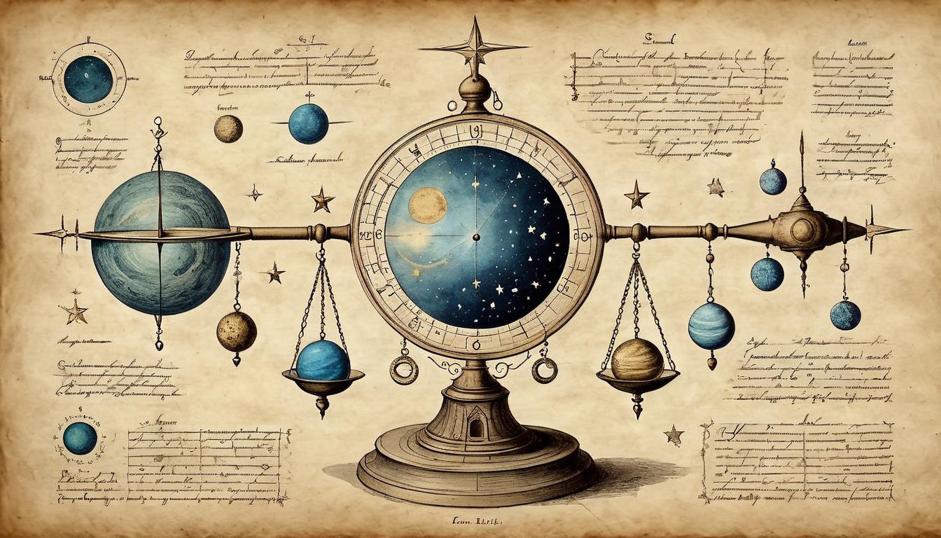  on parchment, surrealism+++, A celestial balance scale, stars and planets as weights, harmony, alignment with the universe, cosmic order(mysterious, provocative, symbolic,muted color)+++