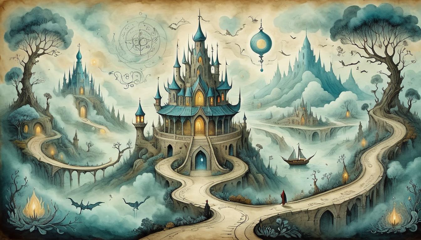  on parchment, surrealism+++, Journey pathway dotted with transformative symbols, intricate and illuminated paths, ethereal mists, sense of purposeful change(mysterious, provocative, symbolic,muted color)+++