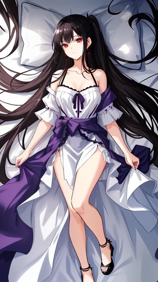  A young with youthful features, long black hair pulled back in two ponytails, and deep red eyes. She has a slender figure with natural proportions. She is wearing a light summer outfit: a dark purple knee length , loose fitting and slightly flared, made of light fabric with small lace at the edges. The is light purple in color, made of light and airy fabric, with a V neck and short sleeves with small ruffles. Makeup: light black eyeliner around the eyes, dark purple shadows and a light dark purple lip gloss. The lies on a white sheet, positioned horizontally, creating a feeling of coziness and comfort, with a gentle and caring expression on her face. Full length image. Top view, image for dakimakura, one character, lyi hyperrealistic, full body, detailed clothing, highly detailed, cinematic lighting, stunningly beautiful, intricate, sharp focus, f/1. 8, 85mm, (centered image composition), (professionally color graded), ((bright soft diffused light)), volumetric fog, trending on instagram, trending on tumblr, HDR 4K, 8K