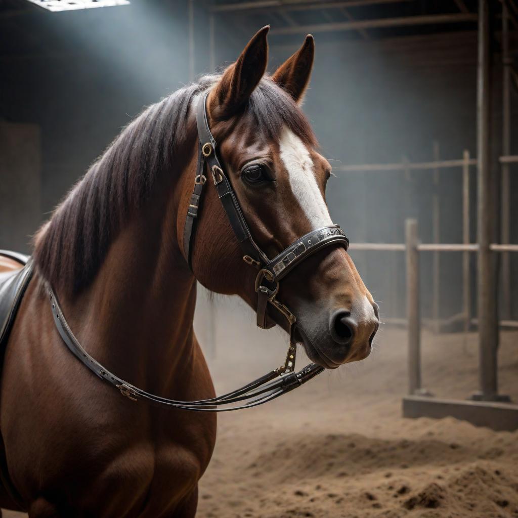  A horse is standing calmly, wearing a muzzle, waiting to be stunned by a captive bolt gun in a controlled environment. The setting is designed to ensure the humane treatment of the animal, with trained professionals present to handle the procedure. hyperrealistic, full body, detailed clothing, highly detailed, cinematic lighting, stunningly beautiful, intricate, sharp focus, f/1. 8, 85mm, (centered image composition), (professionally color graded), ((bright soft diffused light)), volumetric fog, trending on instagram, trending on tumblr, HDR 4K, 8K