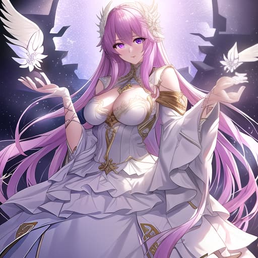  a girl manhua character with purple hair and light pink eyes with white skin wearing noble dress hyperrealistic, full body, detailed clothing, highly detailed, cinematic lighting, stunningly beautiful, intricate, sharp focus, f/1. 8, 85mm, (centered image composition), (professionally color graded), ((bright soft diffused light)), volumetric fog, trending on instagram, trending on tumblr, HDR 4K, 8K