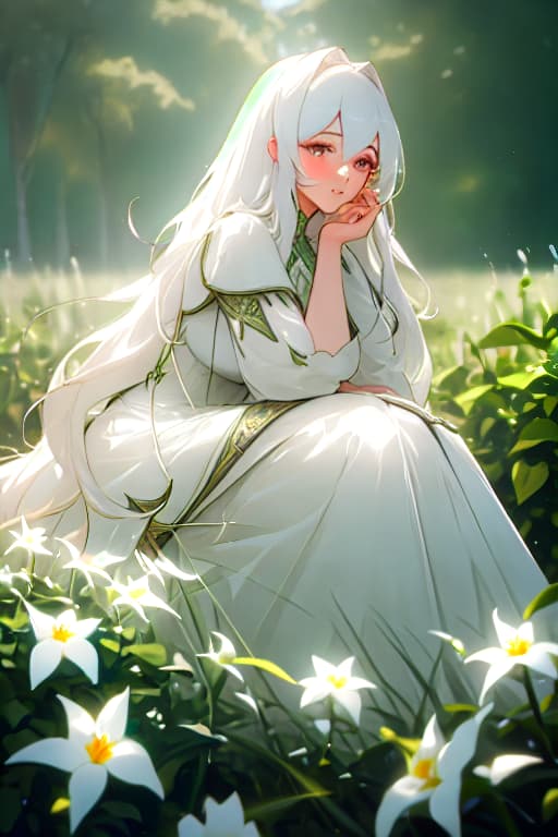  (masterpiece, best quality),1girl with long white hair sitting in a field of green plants and flowers, her hand under her chin, warm lighting, white dress, blurry foreground hyperrealistic, full body, detailed clothing, highly detailed, cinematic lighting, stunningly beautiful, intricate, sharp focus, f/1. 8, 85mm, (centered image composition), (professionally color graded), ((bright soft diffused light)), volumetric fog, trending on instagram, trending on tumblr, HDR 4K, 8K