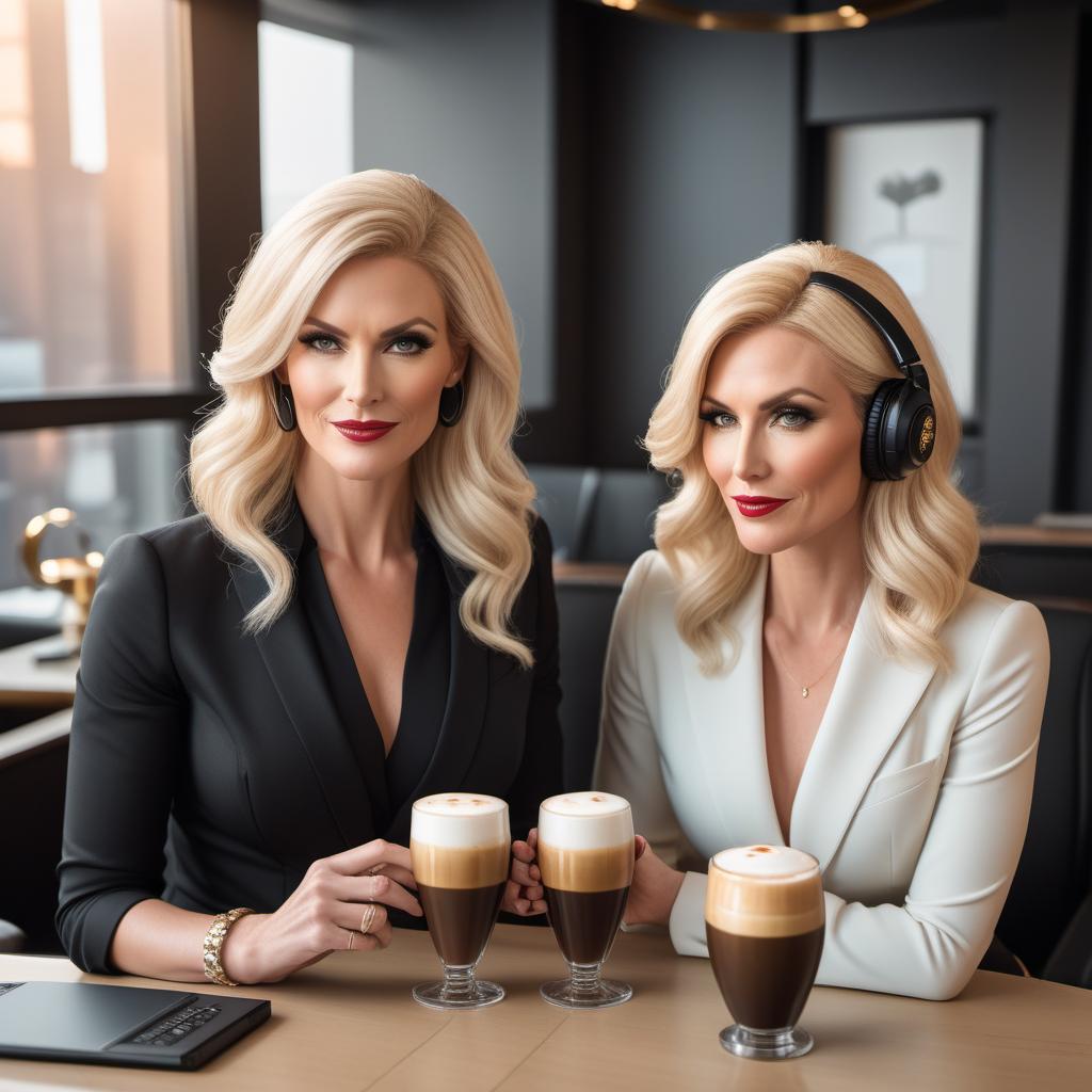  Create a cartoon-style podcast cover featuring two distinct white women in their late 30s with blonde hair. The women should look fancy and high-achieving, with one woman holding an espresso martini, and both appearing to be having fun in a stylish room set up for podcasting. Ensure the women have different appearances to avoid them looking like the same person and have a cartoonish style. The title 'Plotting Greatness' should be prominently displayed, ensuring the cover is an attention-grabber and conveys success. Include elements of a podcast setup like microphones and headphones. Use warm and inviting colors like gold, white, and soft pastels to give it a royal and refined touch. Make the design look eye-catching and professional to help hyperrealistic, full body, detailed clothing, highly detailed, cinematic lighting, stunningly beautiful, intricate, sharp focus, f/1. 8, 85mm, (centered image composition), (professionally color graded), ((bright soft diffused light)), volumetric fog, trending on instagram, trending on tumblr, HDR 4K, 8K