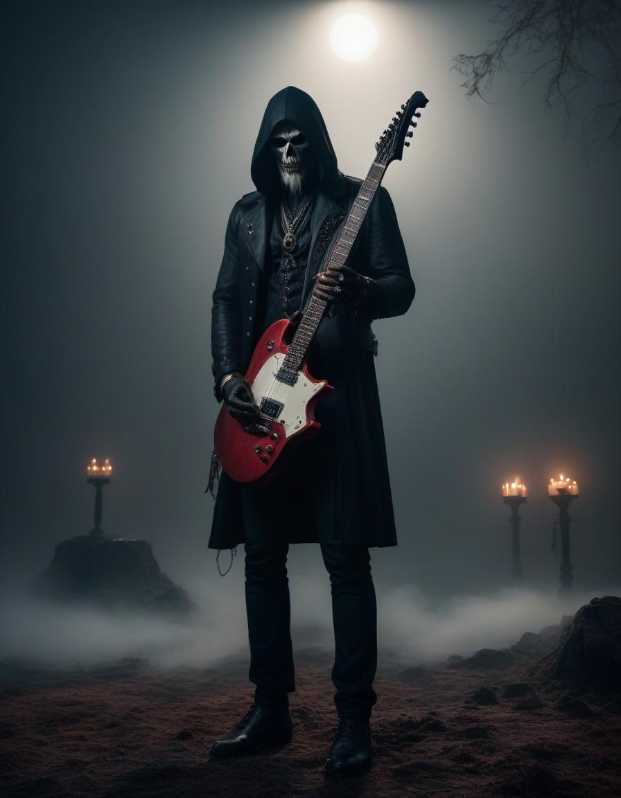  horror themed Gothic with an electric guitar, large s, sea, concert . eerie, unsettling, dark, spooky, suspenseful, grim, highly detailed hyperrealistic, full body, detailed clothing, highly detailed, cinematic lighting, stunningly beautiful, intricate, sharp focus, f/1. 8, 85mm, (centered image composition), (professionally color graded), ((bright soft diffused light)), volumetric fog, trending on instagram, trending on tumblr, HDR 4K, 8K