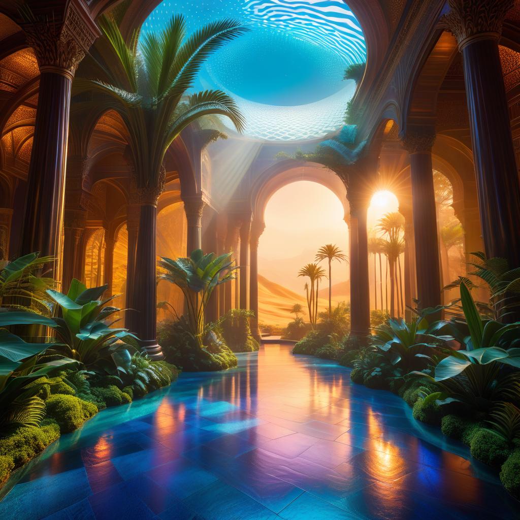  ethereal fantasy concept art of (paintings) made of coloured sand and preserved under glass. But only in this case the paintings were inside the glass. They covered the walls, the ceiling, the floor, depicting an oasis in the desert. Overhead, the sun shone in the golden sand, surrounded by blue white swirls of sky. Date palms swayed on either side, and a small lake of alluring sapphire blue could be seen in the distance. . magnificent, celestial, ethereal, painterly, epic, majestic, magical, fantasy art, cover art, dreamy, hkmagic, GLOWNEON hyperrealistic, full body, detailed clothing, highly detailed, cinematic lighting, stunningly beautiful, intricate, sharp focus, f/1. 8, 85mm, (centered image composition), (professionally color graded), ((bright soft diffused light)), volumetric fog, trending on instagram, trending on tumblr, HDR 4K, 8K