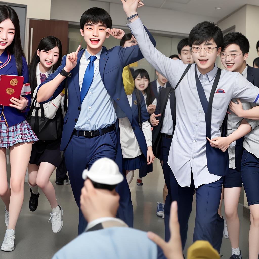  Chinese students are excited to learn that they have been admitted to undergraduate universities. The hero is a male, wearing a high school uniform, holding an admission notice in his hand and showing joy.