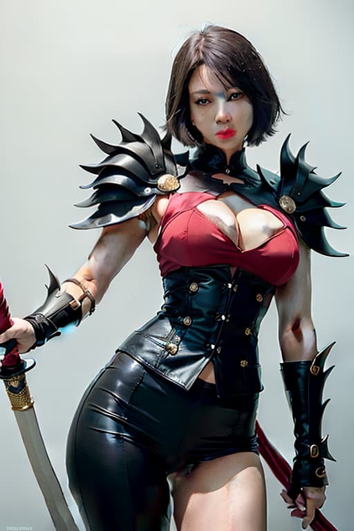  a woman, super very short black hair, older sister, sophisticated, white dress shirt, red corset, black leather pants, holding a long Japanese sword, only one Japanese sword, from head to thigh, muscular, accurately draw eyes, accurately draw hands, Japanese armor on shoulders and arms, smiling, (Masterpiece, BestQuality:1.3), (ultra detailed:1.2), (hyperrealistic:1.3), (RAW photo:1.2),High detail RAW color photo, professional photograph, (Photorealistic:1.4), (realistic:1.4), ,professional lighting, (japanese), beautiful face, (realistic face)