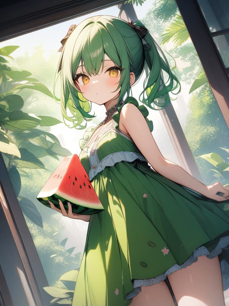  Cute, girl, thin body, yellow eyes, watermelon, watermelon, red and green dress, watermelon decoration, tsuri eyes, frills, green hair, masterpiece, best quality,8k,ultra detailed,high resolution,an extremely delicate and beautiful,hyper detail