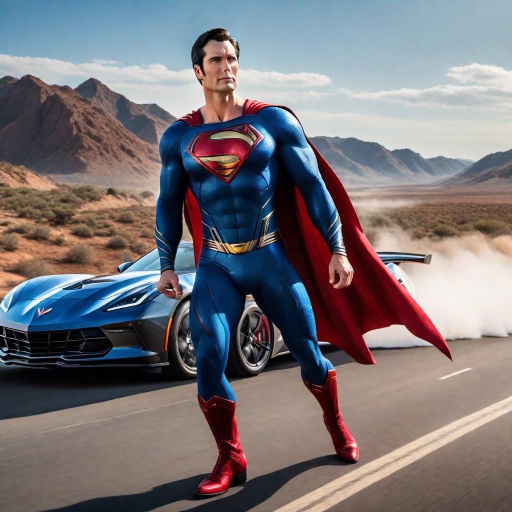  An image of Superman driving a Corvette on a sunny day with a clear blue sky. Superman is wearing his signature costume with a red cape flying behind him, and he has a confident and determined expression on his face. The Corvette is sleek and shiny, zooming down an open road with the wind blowing through Superman's hair. hyperrealistic, full body, detailed clothing, highly detailed, cinematic lighting, stunningly beautiful, intricate, sharp focus, f/1. 8, 85mm, (centered image composition), (professionally color graded), ((bright soft diffused light)), volumetric fog, trending on instagram, trending on tumblr, HDR 4K, 8K