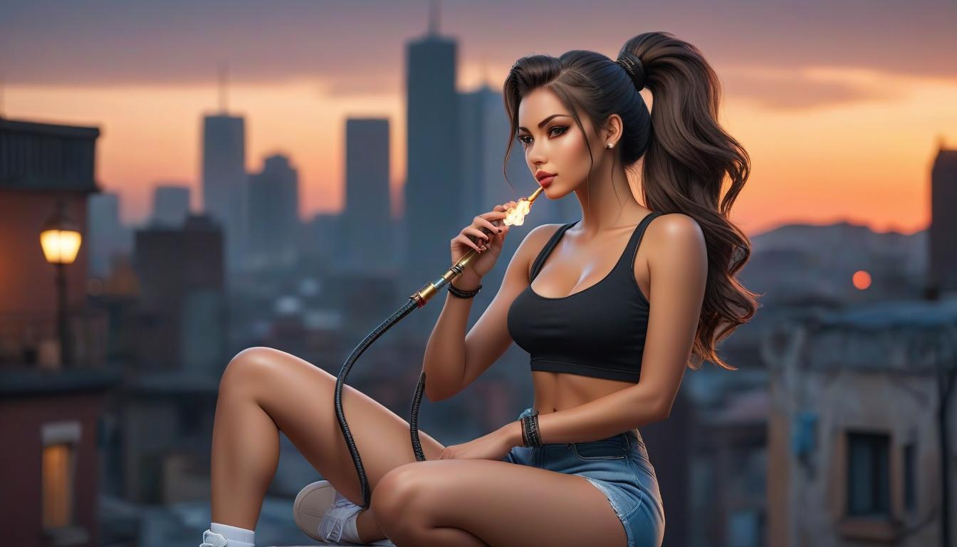  A girl is sitting on a rooftop against the backdrop of a city at night, holding a hookah, wearing denim shorts and a black top, white sneakers, hair in a ponytail, and dark hair. View from the side. hyperrealistic, full body, detailed clothing, highly detailed, cinematic lighting, stunningly beautiful, intricate, sharp focus, f/1. 8, 85mm, (centered image composition), (professionally color graded), ((bright soft diffused light)), volumetric fog, trending on instagram, trending on tumblr, HDR 4K, 8K