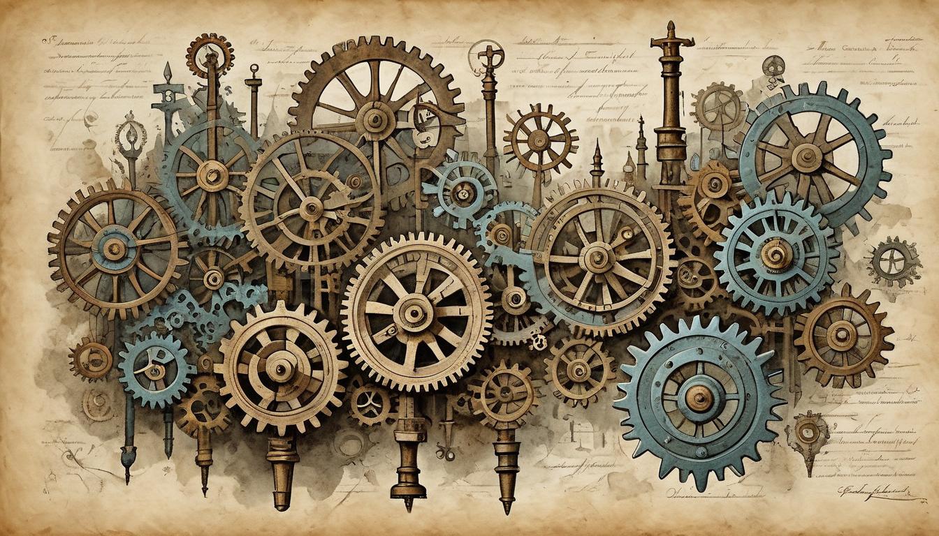  on parchment, surrealism+++, abstract machinery, gears and levers in chaotic arrangement, some functional some broken, observers looking confused, misty background, enigmatic, contemplative(mysterious, provocative, symbolic,muted color)+++