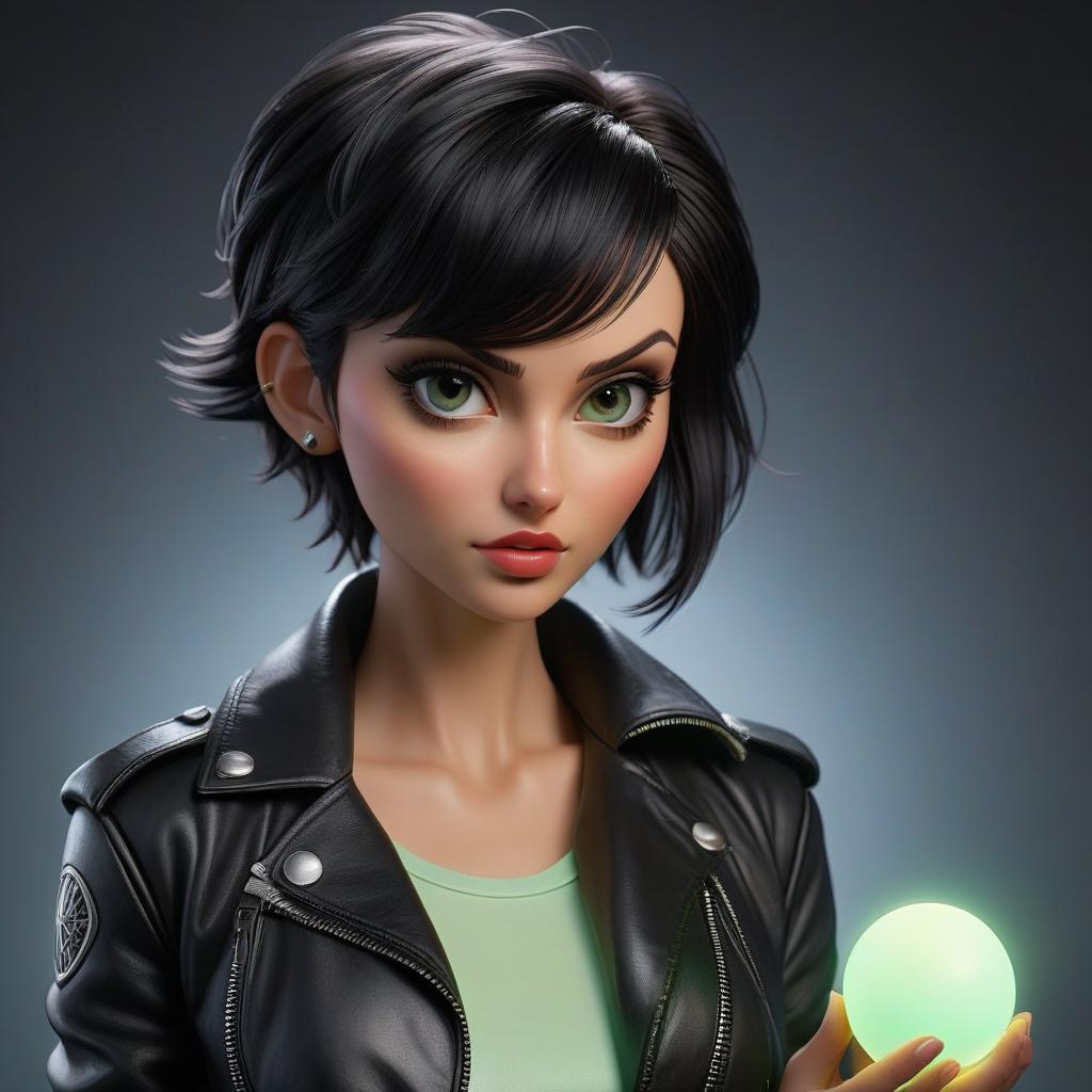  A , with dark hair, a pixie cut, wearing a black and denim shorts in a black leather jacket, holds a DualSense in her hands, looking directly, with fluorescent lighting. hyperrealistic, full body, detailed clothing, highly detailed, cinematic lighting, stunningly beautiful, intricate, sharp focus, f/1. 8, 85mm, (centered image composition), (professionally color graded), ((bright soft diffused light)), volumetric fog, trending on instagram, trending on tumblr, HDR 4K, 8K