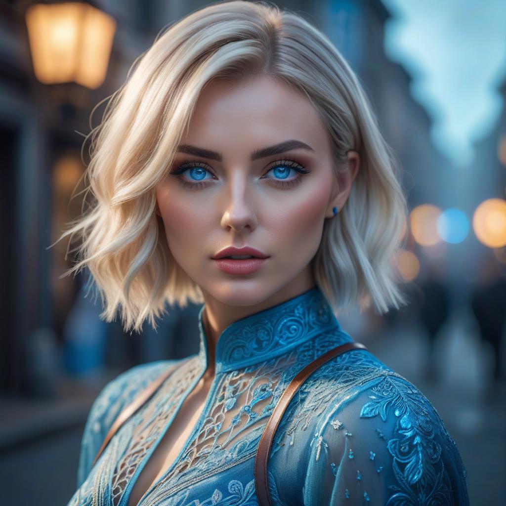  A girl with short light hair and bright blue eyes. hyperrealistic, full body, detailed clothing, highly detailed, cinematic lighting, stunningly beautiful, intricate, sharp focus, f/1. 8, 85mm, (centered image composition), (professionally color graded), ((bright soft diffused light)), volumetric fog, trending on instagram, trending on tumblr, HDR 4K, 8K