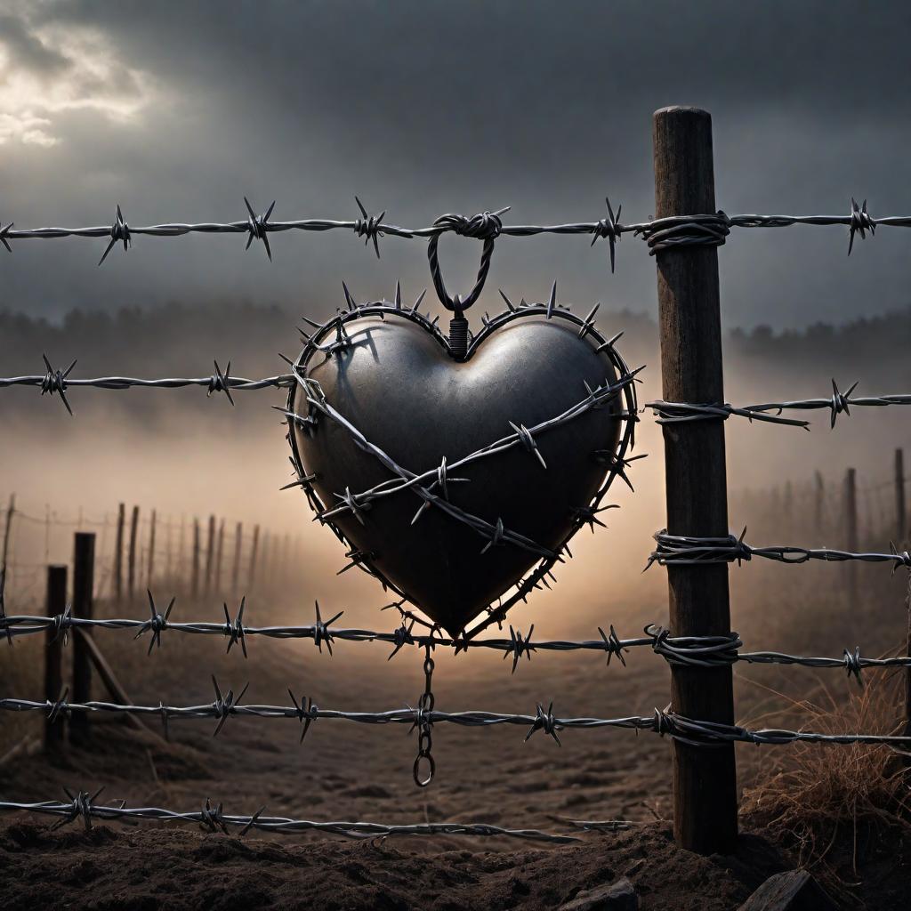  A heart with barbed wire wrapped around it. The image should depict the heart constricted by the sharp, menacing barbed wire, emphasizing pain and emotional entrapment. The atmosphere should be dark and somber, highlighting the profound struggle and anguish. hyperrealistic, full body, detailed clothing, highly detailed, cinematic lighting, stunningly beautiful, intricate, sharp focus, f/1. 8, 85mm, (centered image composition), (professionally color graded), ((bright soft diffused light)), volumetric fog, trending on instagram, trending on tumblr, HDR 4K, 8K