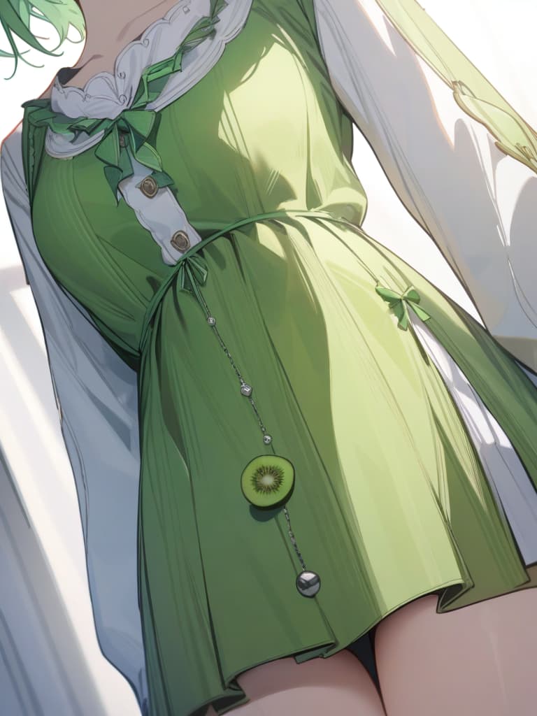  Cute, , yellow green eyes, yellow green hair color, kiwi decoration, kiwi fruit, shy face, shy face, green frill dress, half twin, face, masterpiece, best quality,8k,ultra detailed,high resolution,an extremely delicate and beautiful,hyper detail