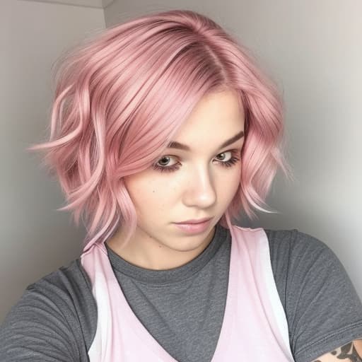  Short, wavy, Pink hair