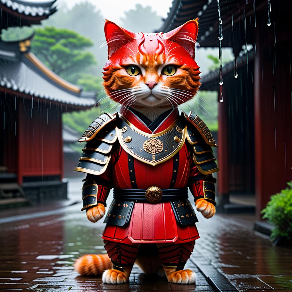  cinematic photo red cat in samurai armor stands in the rain . 35mm photograph, film, bokeh, professional, 4k, highly detailed hyperrealistic, full body, detailed clothing, highly detailed, cinematic lighting, stunningly beautiful, intricate, sharp focus, f/1. 8, 85mm, (centered image composition), (professionally color graded), ((bright soft diffused light)), volumetric fog, trending on instagram, trending on tumblr, HDR 4K, 8K