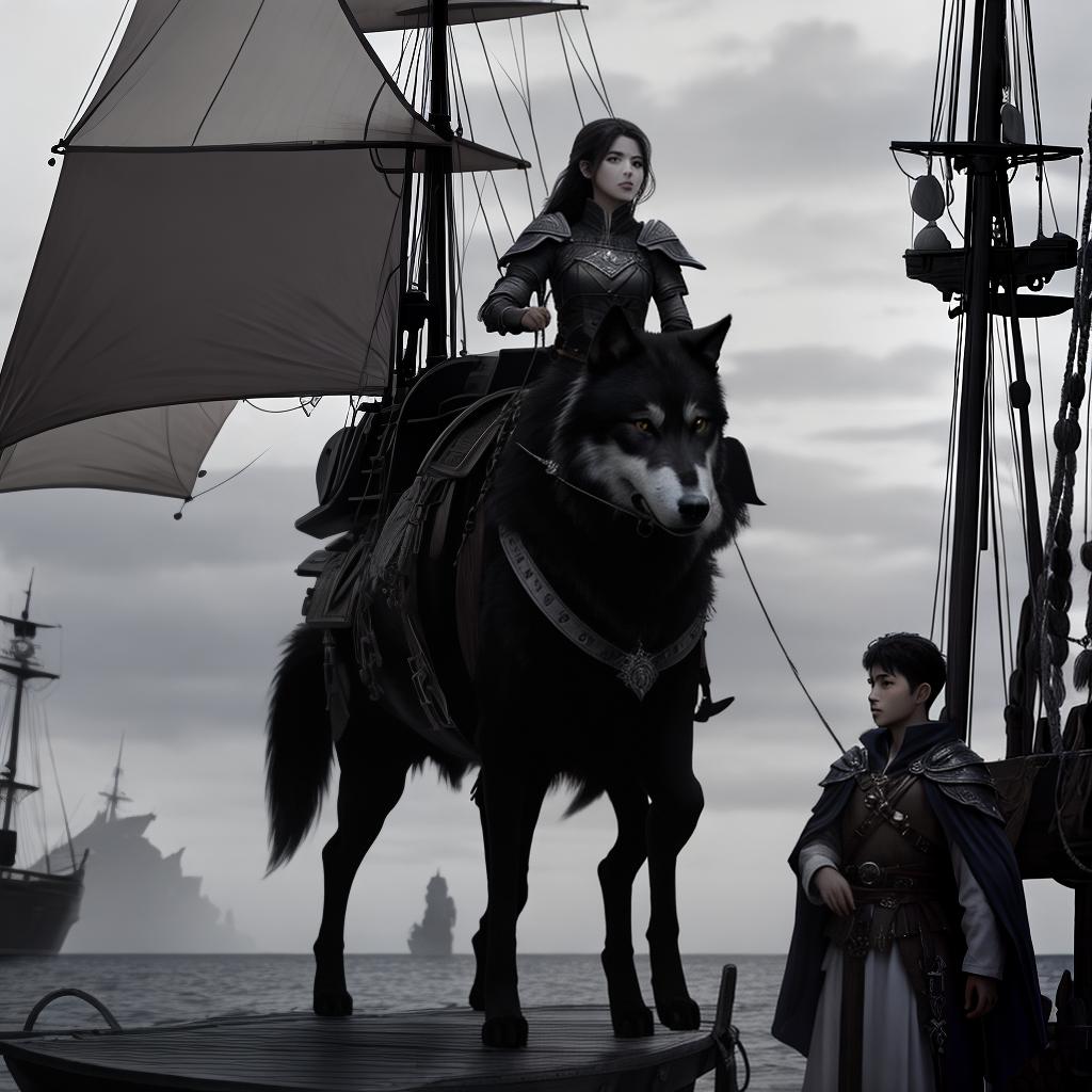  masterpiece, best quality, Warrior standing on a ship deck, a young female mage stands to her left, to her right a black and white wolf with a boy on its back