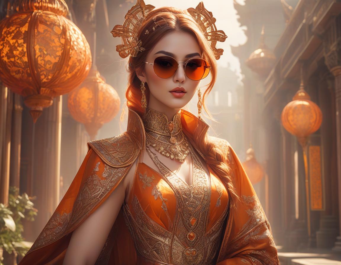  a close up of a woman wearing sunglasses, digital art, fantasy art, orange details, trending in behance, ornate cosplay, beautiful retro art, andrei riabovitchev symmetrical, best of behance, innocent look rich vivid colors, 2 d cg, oriental art nouveau, anton fadeev 8 k, masterpiece ; behance hd hyperrealistic, full body, detailed clothing, highly detailed, cinematic lighting, stunningly beautiful, intricate, sharp focus, f/1. 8, 85mm, (centered image composition), (professionally color graded), ((bright soft diffused light)), volumetric fog, trending on instagram, trending on tumblr, HDR 4K, 8K