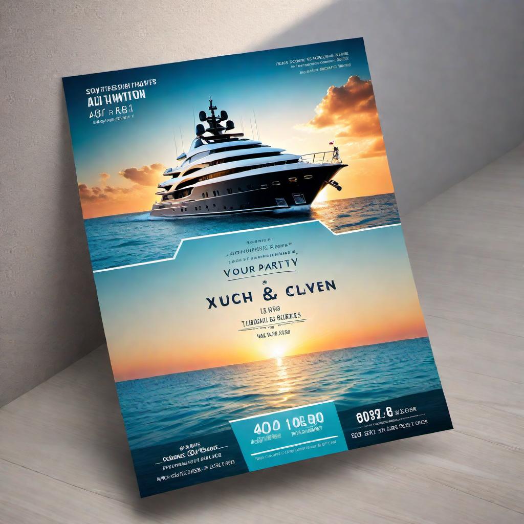  Create a vibrant and exciting yacht party flyer featuring a luxurious yacht on crystal clear waters, with a backdrop of a beautiful sunset. Include stylish and elegant design elements, along with details of the event such as date, time, and location. The flyer should exude a sense of fun, luxury, and exclusivity. hyperrealistic, full body, detailed clothing, highly detailed, cinematic lighting, stunningly beautiful, intricate, sharp focus, f/1. 8, 85mm, (centered image composition), (professionally color graded), ((bright soft diffused light)), volumetric fog, trending on instagram, trending on tumblr, HDR 4K, 8K