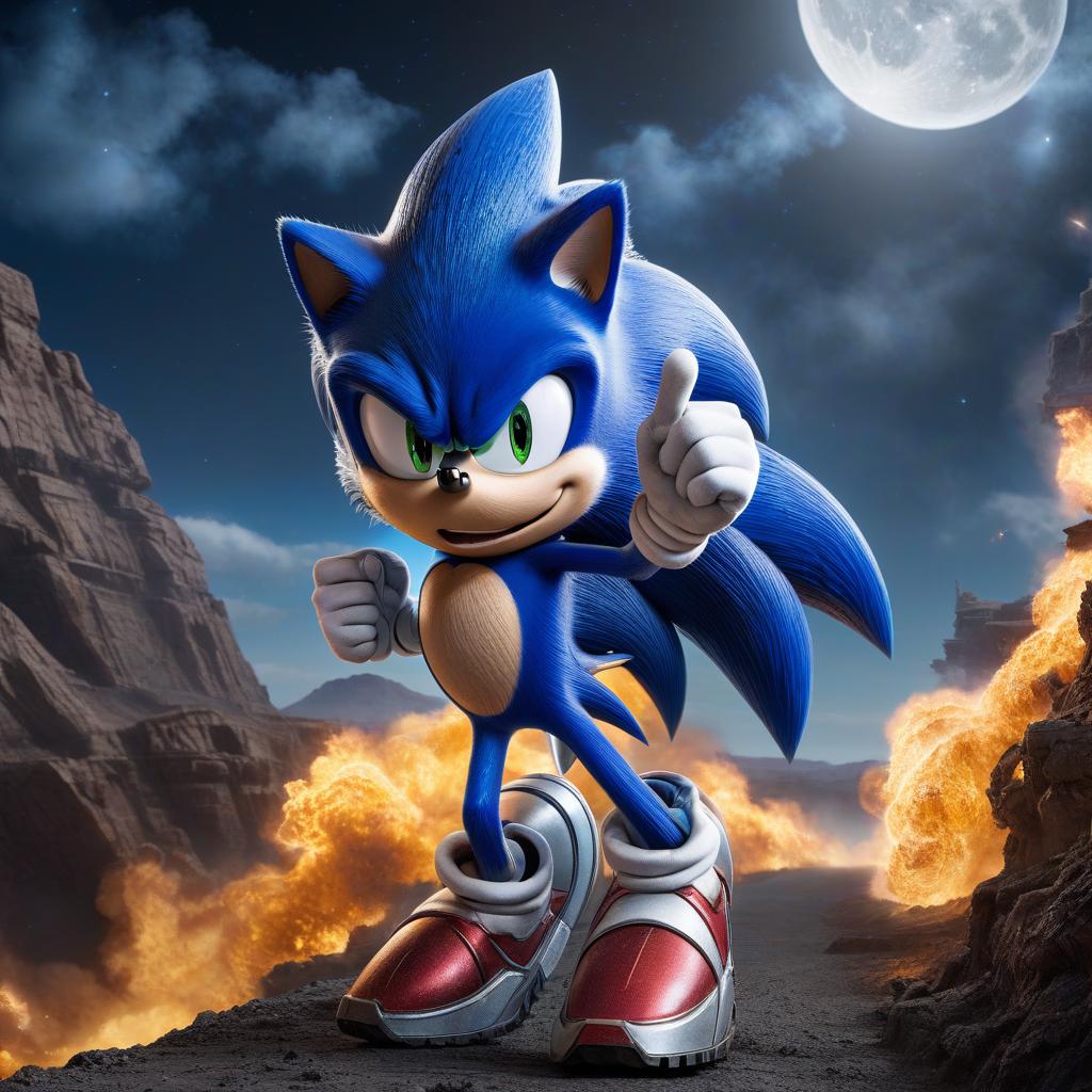  The highly detailed Sonic runs along a space highway, from the Sonic the Hedgehog movie, colossal, fierce, hyperrealistic, art, digital art, fantastic fantasy, detailed drawing, high resolution, middle view, full size, 128k, photorealism, bright lighting, hyperdetailed eyes and details, cinematic, with yellow smoke in the background, a ruined planet on fire, stars, shining fragment of the moon in the distance. hyperrealistic, full body, detailed clothing, highly detailed, cinematic lighting, stunningly beautiful, intricate, sharp focus, f/1. 8, 85mm, (centered image composition), (professionally color graded), ((bright soft diffused light)), volumetric fog, trending on instagram, trending on tumblr, HDR 4K, 8K