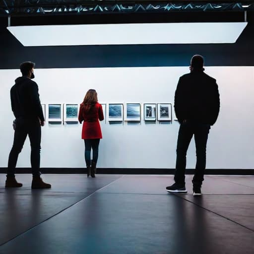  people visiting exhibition hyperrealistic, full body, detailed clothing, highly detailed, cinematic lighting, stunningly beautiful, intricate, sharp focus, f/1. 8, 85mm, (centered image composition), (professionally color graded), ((bright soft diffused light)), volumetric fog, trending on instagram, trending on tumblr, HDR 4K, 8K