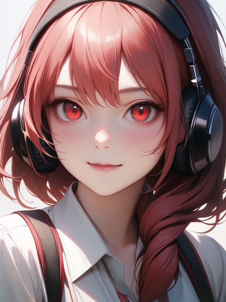  1,1, hair,side tail hair,red eyes,headphone,summer uniform,light smile,realistic, masterpiece, best quality,8k,ultra detailed,high resolution,an extremely delicate and beautiful,hyper detail