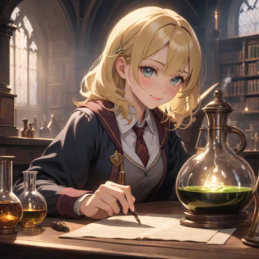  Clear lines, good detailing, high quality picture. Young student, blond, slender, aristocratic facial features, (sharp nose), (sharp chin), ((soft skin)), (slightly parted lips). Arrogant, (sly smile). Background: Potions classroom, (Hogwarts), (lush lighting), (play of light), (glass flasks). Quality anatomy, realistic anatomy. hyperrealistic, full body, detailed clothing, highly detailed, cinematic lighting, stunningly beautiful, intricate, sharp focus, f/1. 8, 85mm, (centered image composition), (professionally color graded), ((bright soft diffused light)), volumetric fog, trending on instagram, trending on tumblr, HDR 4K, 8K