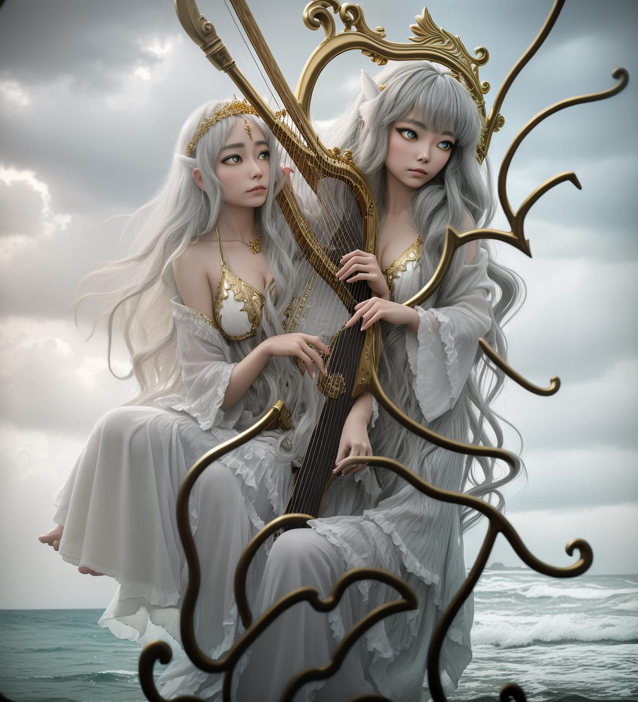  lyre stringed harp feathered ears robe bikini sitting rock Oceanside siren nymph gold eyes long hair soft focus storm clouds gray background gleaming sight singing