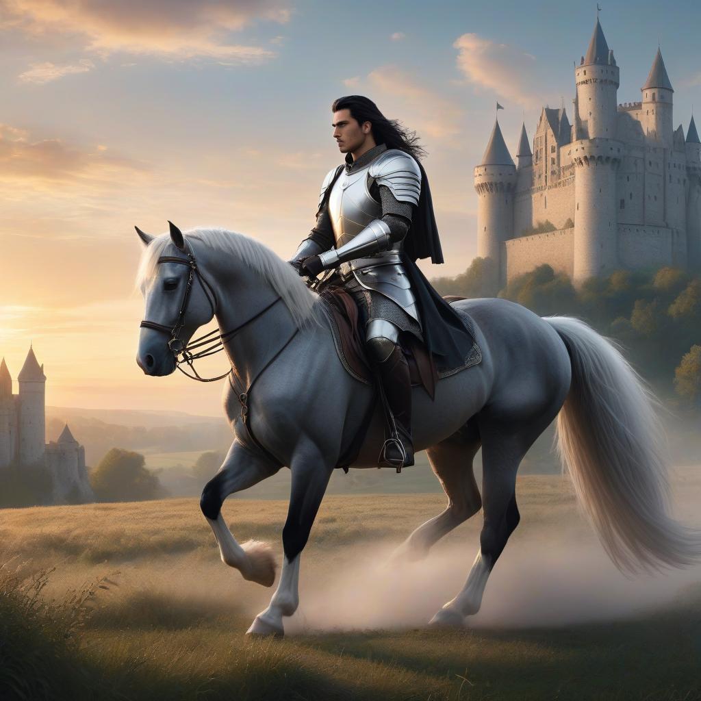  ethereal fantasy concept art of Middle Ages, a young black haired young man rider in leather armor rides a large horse of gray color, a gray horse with a white mane, full length, in the distance can be seen a castle, the time is evening, sunset . magnificent, celestial, ethereal, painterly, epic, majestic, magical, fantasy art, cover art, dreamy hyperrealistic, full body, detailed clothing, highly detailed, cinematic lighting, stunningly beautiful, intricate, sharp focus, f/1. 8, 85mm, (centered image composition), (professionally color graded), ((bright soft diffused light)), volumetric fog, trending on instagram, trending on tumblr, HDR 4K, 8K