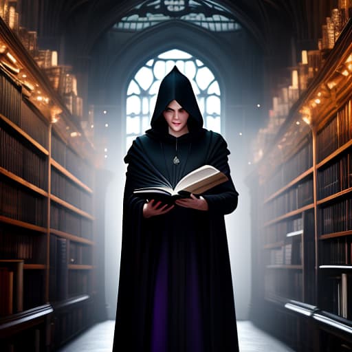  A young magician dressed in a black cloak with a hood, holds a book in one hand, and purple light is emanating from the book. The scene takes place in front of old library shelves filled with books. hyperrealistic, full body, detailed clothing, highly detailed, cinematic lighting, stunningly beautiful, intricate, sharp focus, f/1. 8, 85mm, (centered image composition), (professionally color graded), ((bright soft diffused light)), volumetric fog, trending on instagram, trending on tumblr, HDR 4K, 8K