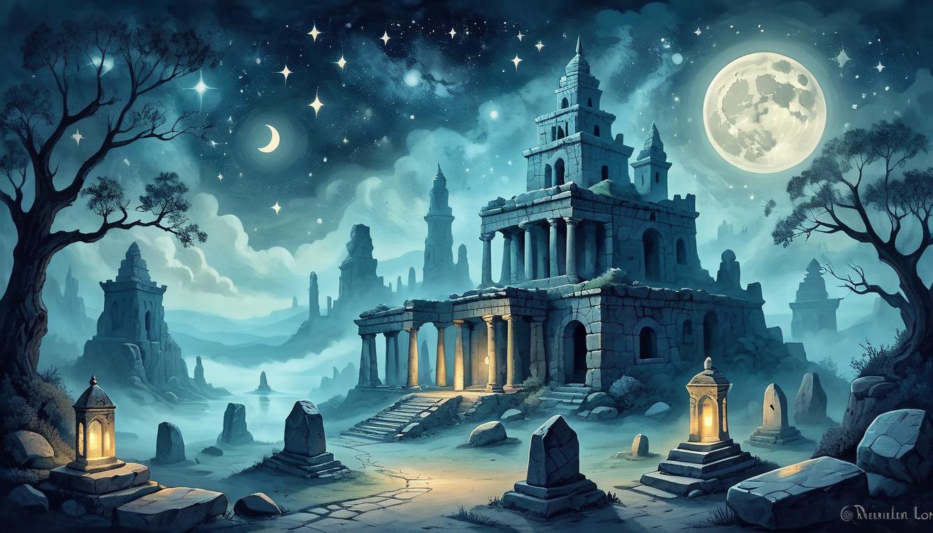  on parchment, surrealism+++, Ancient ruins under a starry sky, moonlight casting soft shadows, celestial symbols glowing on the stones, ethereal mist hovering, sense of guidance, support, mystical(mysterious, provocative, symbolic,muted color)+++