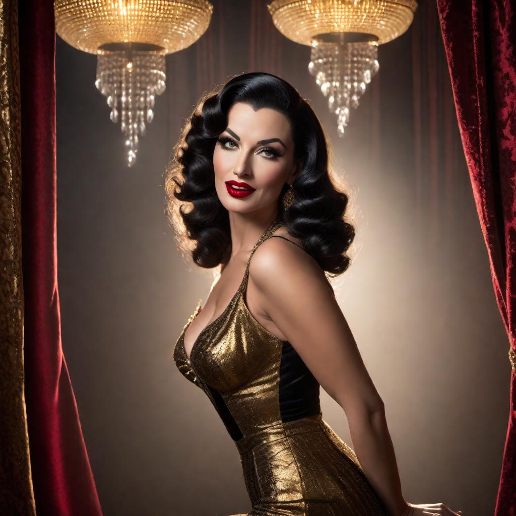  A stunning burlesque dancer in the style of Betty Paige and Norma Jean, with a snarl Mona Lisa smile on her face. She has wavy dark hair, red lipstick, and is dressed in a glamorous black and gold outfit. The background features a vintage keyhole, adding an air of mystery and allure. The scene is set in a 1950s vintage nightclub, with velvet curtains and dim, warm lighting. hyperrealistic, full body, detailed clothing, highly detailed, cinematic lighting, stunningly beautiful, intricate, sharp focus, f/1. 8, 85mm, (centered image composition), (professionally color graded), ((bright soft diffused light)), volumetric fog, trending on instagram, trending on tumblr, HDR 4K, 8K