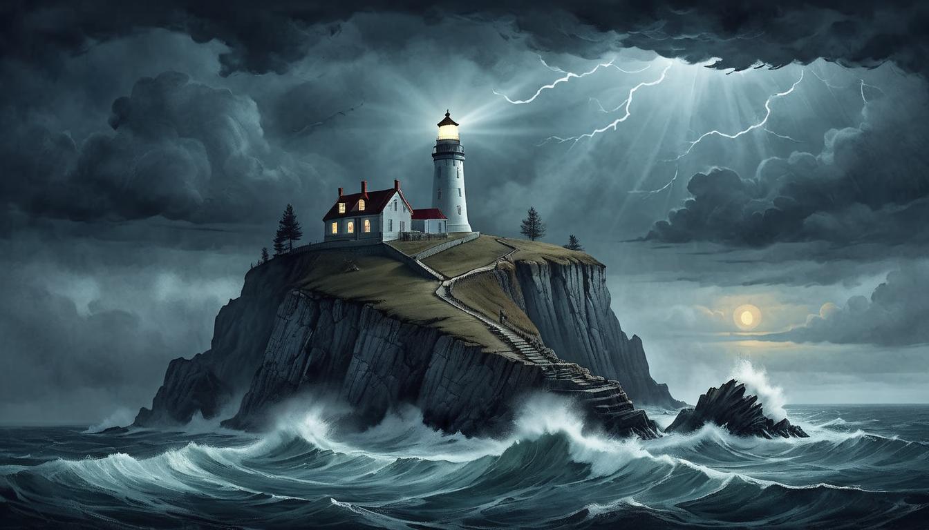  on parchment, surrealism+++, Lighthouse on a cliff, beam cutting through dark stormy night, solitary, powerful, isolated beacon(mysterious, provocative, symbolic,muted color)+++